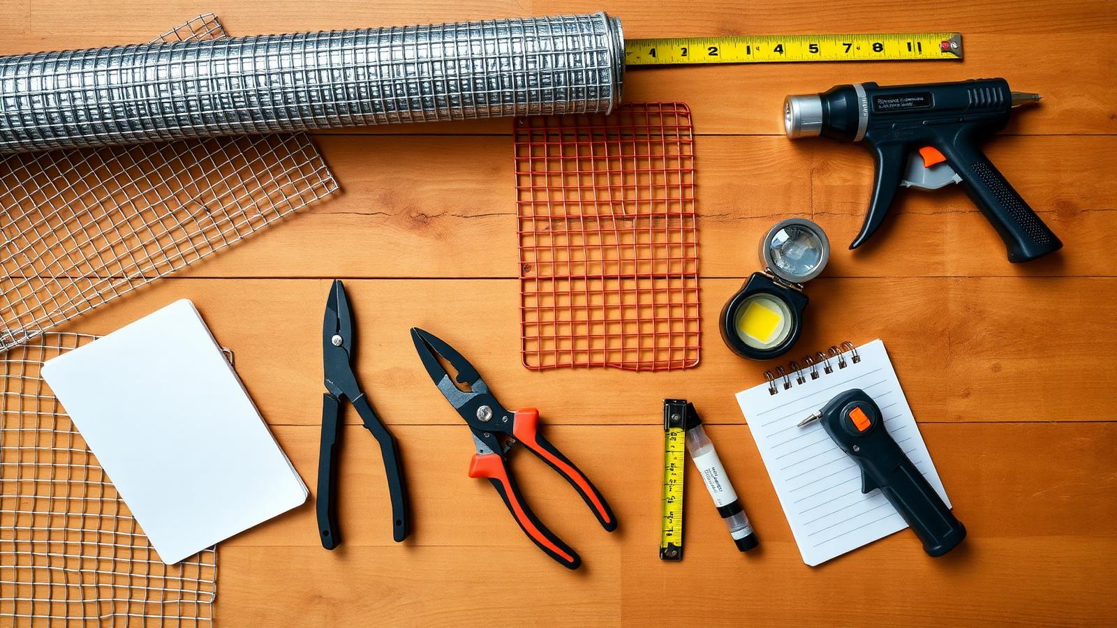 Rodent proofing tools and hardware cloth on a workbench