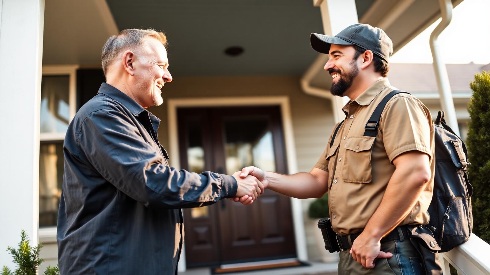 Homeowner shaking hands with a rodent proofing technician on the front porch