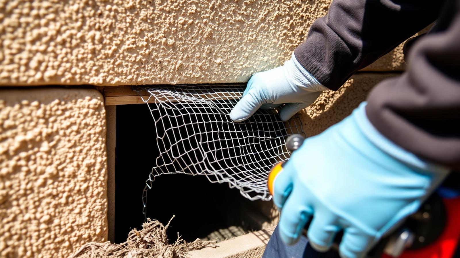 Technician installing hardware cloth mesh over a foundation vent