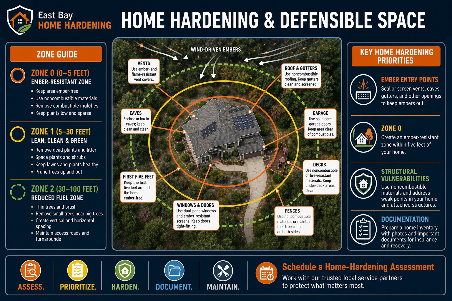 Home hardening and defensible space guide showing Zones 0, 1 and 2 around an East Bay home, plus common ember-entry priorities